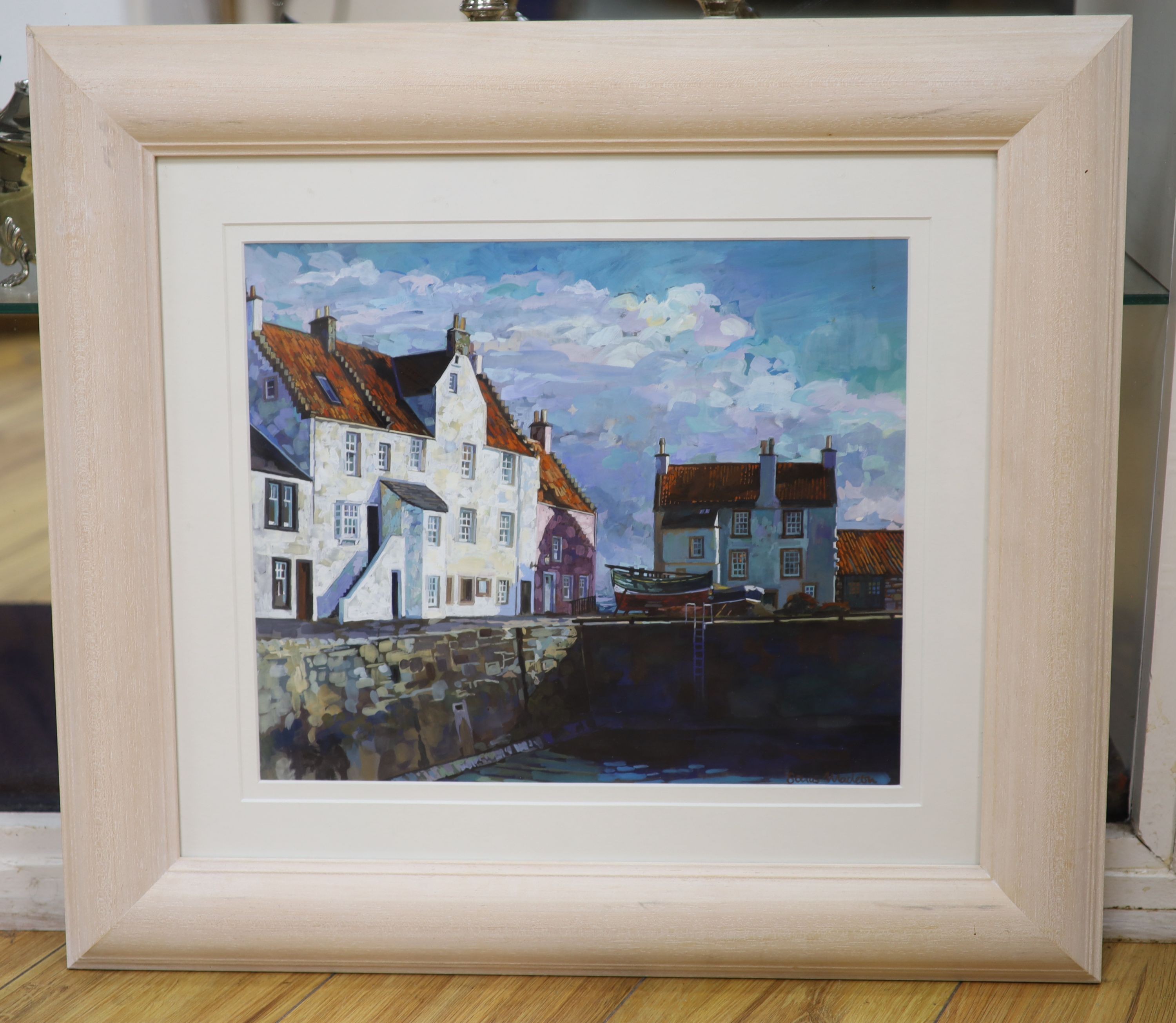 Sonas McLean (Contemporary Scottish), gouache on paper, Harbour scene, signed, 29 x 35cm